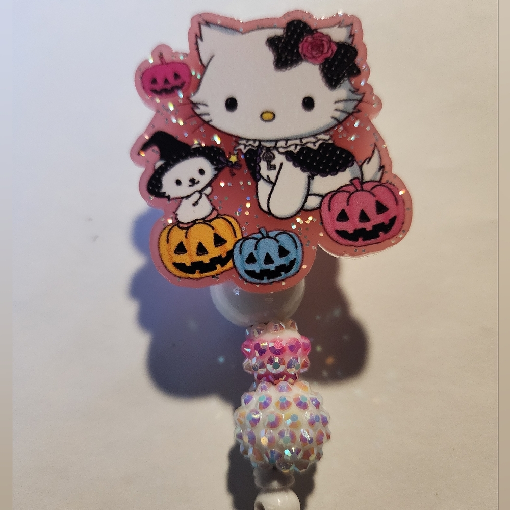 Halloween‎ Kitty Badge Reel Pumpkins ID Badge Clip Badge Holder Pink Glittery